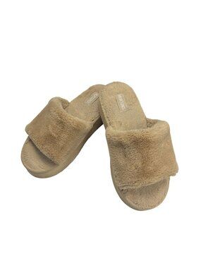 Faux Fur Womens Slippers Size 7-8 Tan Plush Open-Toe Indoor Comfort Slides